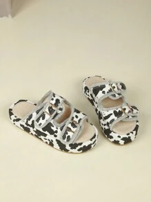 Women's Black And White Cow Print Tassel Thick Sole Open Toe Casual Platform Slide Sandals