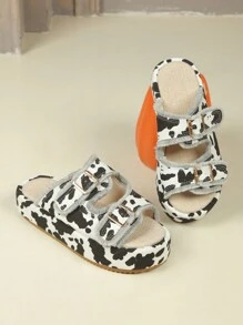 Women's Black And White Cow Print Tassel Thick Sole Open Toe Casual Platform Slide Sandals