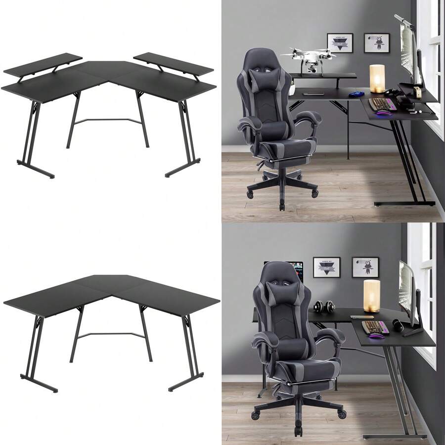 VA-Cerulean Gaming Table Large L-Shaped Gaming Desk With Monitor Stand/Without Monitor Stand, Carbon Fiber Surface Ergonomic Computer Table For Gaming And Home Office - Black - View 1