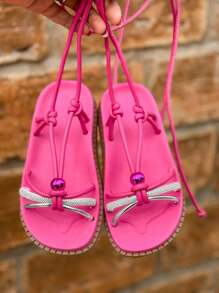 Birken Papete Flat Sandal For Children Girl With Glitter Rhinestones With Lace-Up Kids - Hot Pink - View 3
