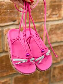 Birken Papete Flat Sandal For Children Girl With Glitter Rhinestones With Lace-Up Kids - Hot Pink - View 2