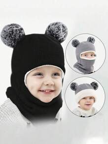1 件婴儿冬季保暖帽子围巾套装，男女通用婴幼儿儿童帽子围巾 - 黑色 - 查看 2