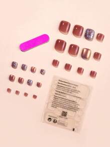 24 Chiếc Ngắn Vuông Ngón Chân Móng Tay Nghệ Thuật, Ngọt Ngào Colorblock Lấp Lánh Miếng Dán Móng Tay, Với 1 Móng Tay Đệm Khối Và 1 PC Jelly Gel - Nhiều màu - Xem 3