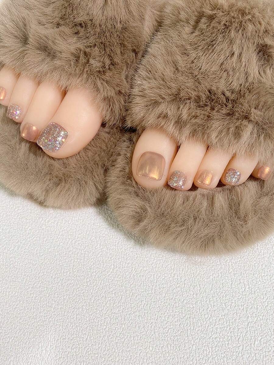 24 Chiếc Ngắn Vuông Ngón Chân Móng Tay Nghệ Thuật, Ngọt Ngào Colorblock Lấp Lánh Miếng Dán Móng Tay, Với 1 Móng Tay Đệm Khối Và 1 PC Jelly Gel