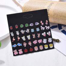 40 件/套儿童多色金属动物、蝴蝶、猫头鹰、独角兽、火烈鸟、泰迪熊耳钉套装，日常佩戴 - 彩色 - 查看 4