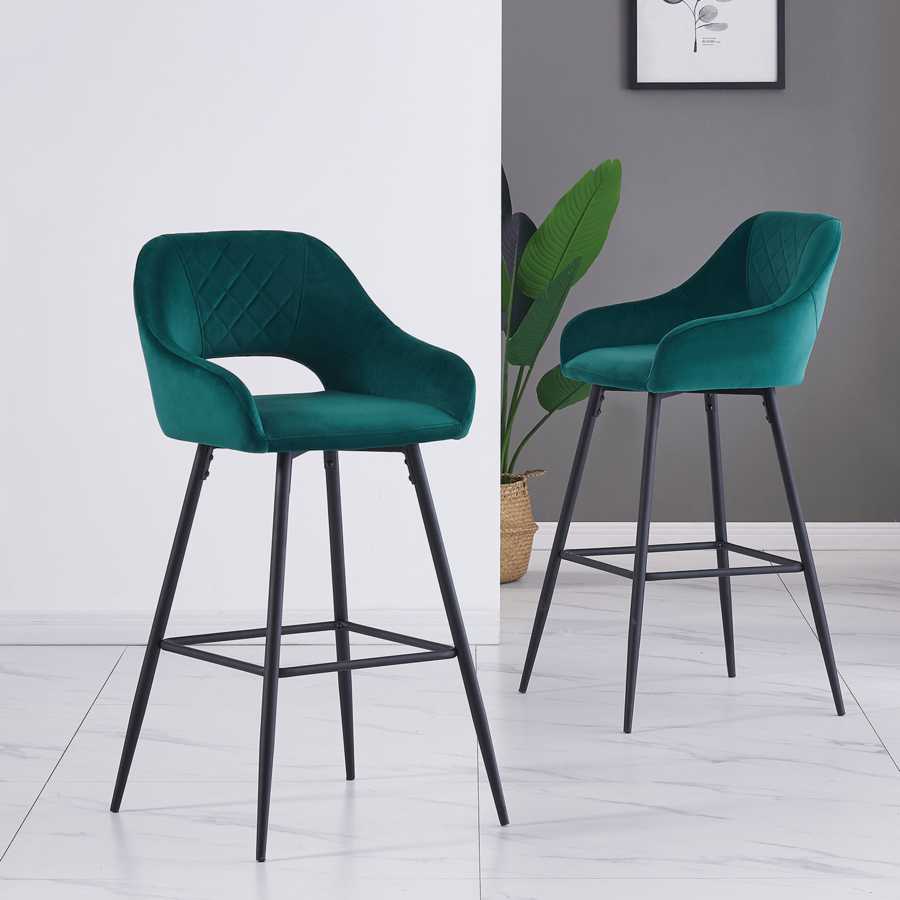 Bar Stools Set Of 2 Dark Teal Velvet Padded Bar Chairs With Footrest