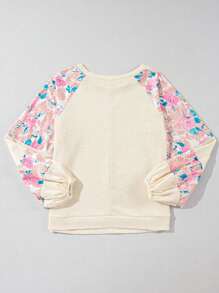 Boho Retro Vintage 60's Vibe Cream Cotton Raglan Lantern Bubble Puff  Sleeve  Floral Rib Patchwork Top Sweat Shirt Blouse - Màu be - Xem 4