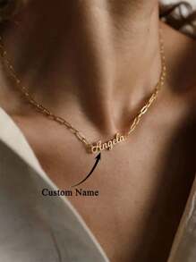 定制个性化名字项链配回形针链金色不锈钢项链女士定制名字回形针链吊坠项圈珠宝生日礼物送给妈妈和她的礼物 - 金色 - 查看 2