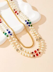 1pc Fashionable & Versatile Handmade Design Glass Pearl Necklace, Available In Wine Red, Emerald Green, Azure Blue, Copper Rhinestone Circle Snake Chain - Multicolor - View 4