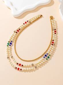 1pc Fashionable & Versatile Handmade Design Glass Pearl Necklace, Available In Wine Red, Emerald Green, Azure Blue, Copper Rhinestone Circle Snake Chain - Multicolor - View 3