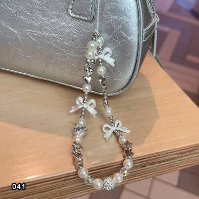 1pc Silver Star Beaded Bowknot & Pearl Decor Keychain, Phone Strap, Bag Charm Gifts For Mother, Family, Friends, Birthday, Holiday Phone Charm, Phone Chain