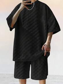 2 件男士休闲纯色提花落肩超大 T 恤和短裤套装，夏季舒适服装 - 黑色 - 查看 1