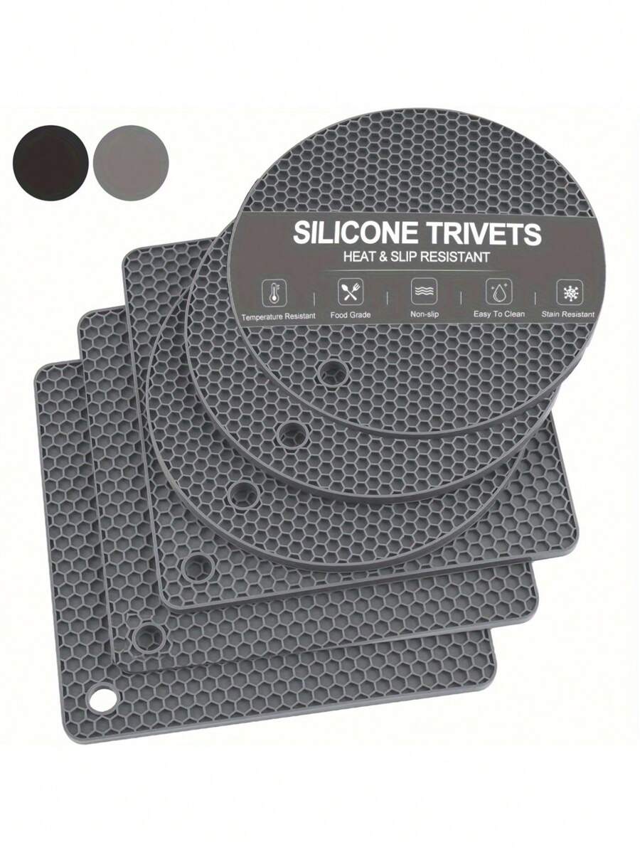 6 PCS Silicone Trivets Set, Heat Resistant Pot Holders, 7 IN Non-Slip Hot Pads For Kitchen, Multi-Purpose Square & Round Mats For Hot Dishes, Pots, And Pans - Black/Grey