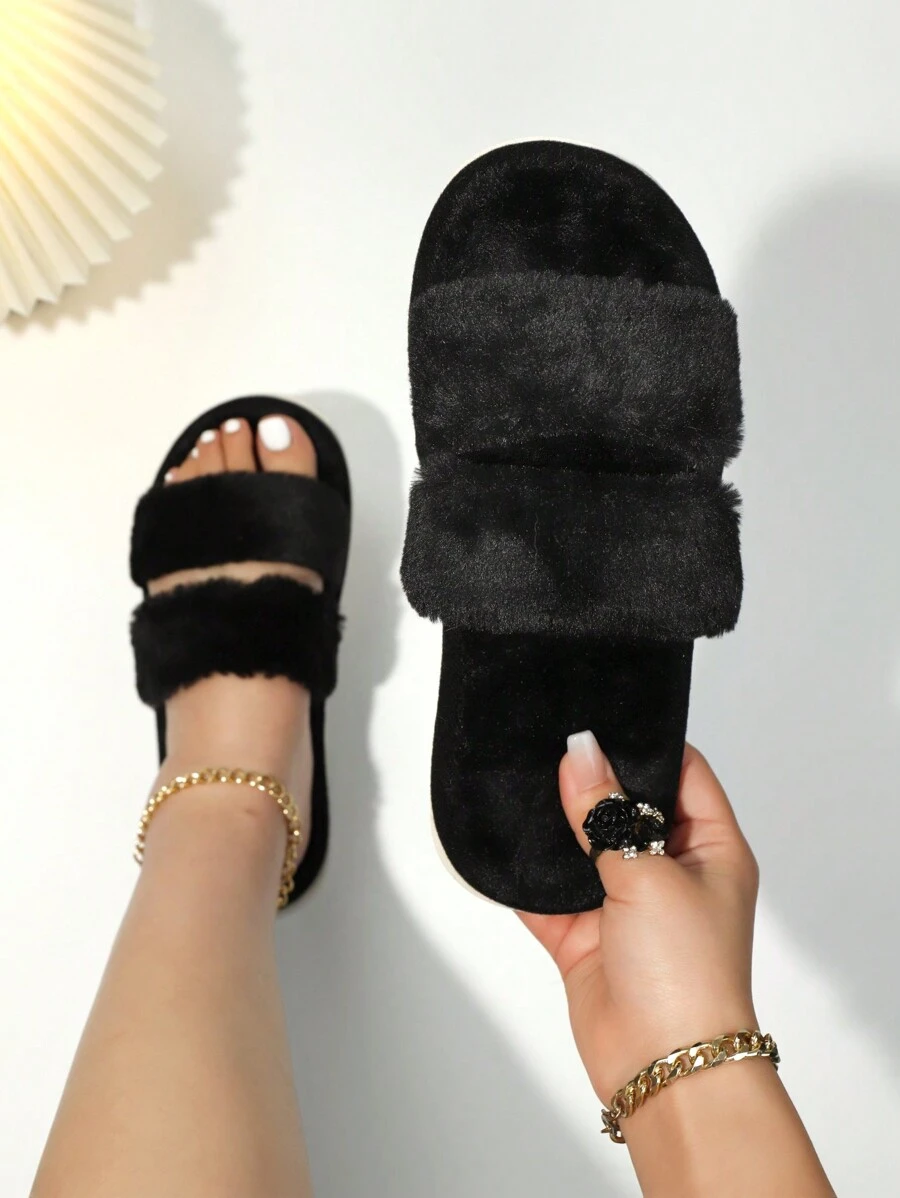 Pantuflas negras de 2 correas, esponjosas y peludas para mujer, suaves y ligeras, pantuflas silenciosas para usar en interiores