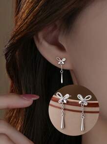 1 par de elegantes y estilosos pendientes de plata esterlina con borlas y lazo para mujeres, pendientes lindos, joyería exquisita, regalos de cumpleaños, uso diario