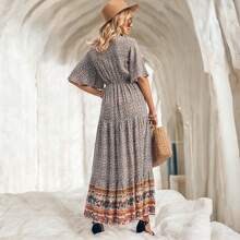Women's Bohemian V Neck Maxi Dress Floral Print Short Sleeves