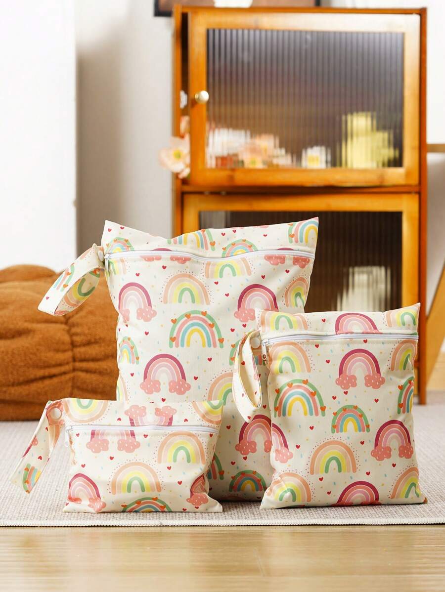 3pcs Rainbow Flower Pattern Baby Diaper Wet/Dry Bag/Pouch Baby Shower Family Decorations Gifts - Multicolor - View 1