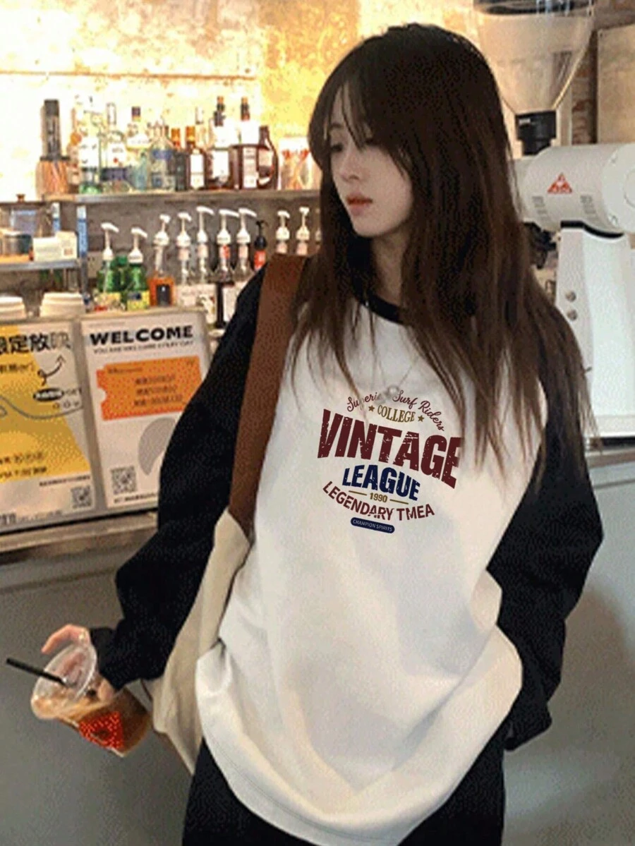 女士休闲百搭日文文字图形印花宽松圆领长袖 T 恤，春夏 - 白色 - 查看 1