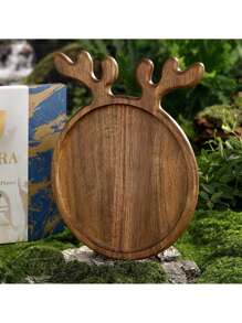 1 件圣诞木制鹿角托盘，圆形食物展示盘带手柄，可盛放奶酪、水果、面包、节日圣诞厨房礼物，适合乔迁、婚礼装饰、圣诞节