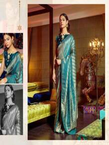 Flawless Embroidered Satin Peacock Blue Contemporary Saree For Women - Peacock Blue - View 2