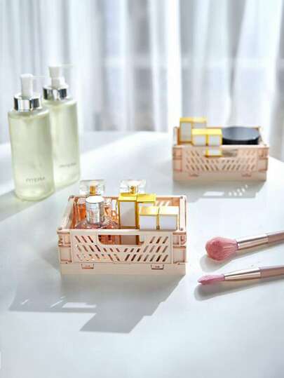 Makeup Storage Box, Mini Foldable Desk Organizer Basket, Multi-Purpose Portable Solid Color Storage Box For Home, Dorm