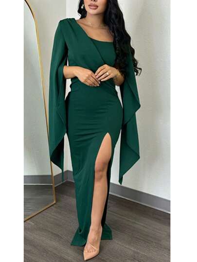 Vestido de noche vintage elegante con abertura asimétrica y manga larga con volantes, vestido semi formal de cóctel para fiesta, cumpleaños, boda, graduación, cena, bienvenida a casa, Navidad