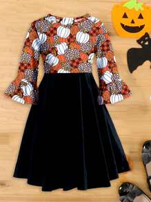 1pc Tween Girl Pumpkin & Leopard Print Contrast Velvet Midi Dress, For Fall/Winter And Halloween - Black - View 1