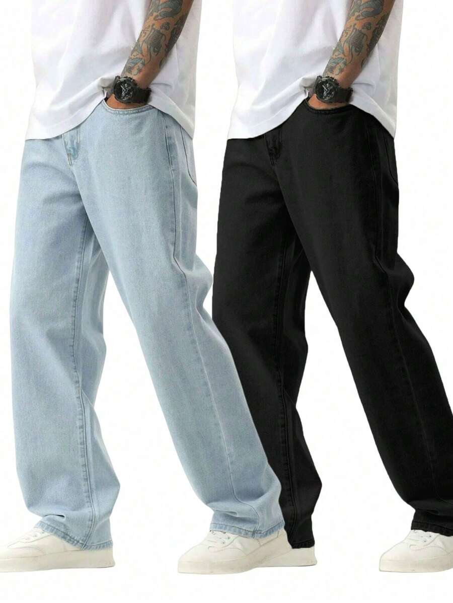 KIT 2 Light And Black Bag Jeans Wide-Leg Skater Style Carpenter Streetwear Premium Stylish - Nhiều màu - Xem 1