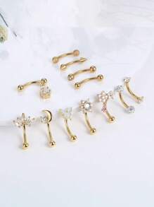 CASSIECA 1PC 车耳钉首饰车耳钉耳环男女款眉环 16G 不锈钢弧形杠铃吊坠 CZ 肚唇环软骨耳甲表面耳屏耳钉首饰 - 金色 - 查看 7