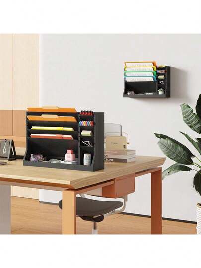 4 Tier Hanging File Holder Wooden Wall Mount Mail Organizer Hanging / Desktop Organizer With Pencil Storage For Office Home