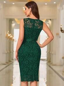MIUSOL Solid Floral Lace Bodice Cocktail Party Fitted Dress - Dark Green - View 3