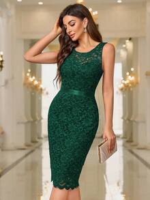 MIUSOL Solid Floral Lace Bodice Cocktail Party Fitted Dress - Dark Green - View 5