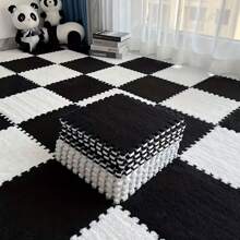 12 piezas Set de alfombras de mosaico negro y blanco súper suaves - Alfombrillas mullidas duraderas para dormitorio, sala de estar, cocina y baño - Lavables, cortables, 12x12 - Estiloso patrón geométrico