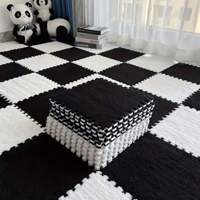12pcs Super-Soft Black & White Mosaic Carpet Set - Durable Plush Mats For Bedroom, Living Room, Kitchen & Bathroom - Washable, Cuttable, 12x12 - Stylish Geometric Pattern