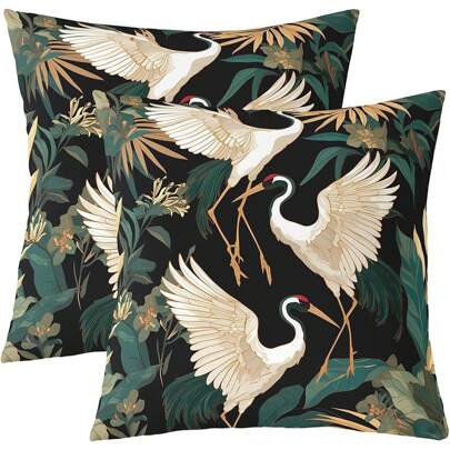 2pcs Crane Pillowcase Soft Flower Pine Leaf Pillowcase Waist Animal Plant Cushion Cover, Farmhouse Decoration Pillowcase, Green, White, Yellow, Red Single Side, No Pillow Core