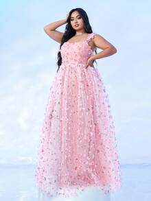 seomiscky Váy dạ hội họa tiết hoa 3D xẻ tà dây mảnh cỡ lớn, Đầm trang trọng thanh lịch, Dành cho khách dự tiệc cưới, Tốt nghiệp, Tiệc tối - Hồng - Xem 7