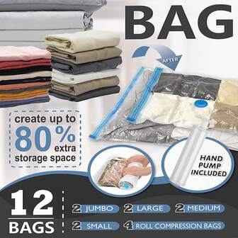 12 Packs Space Saver Bags (2 Jumbo/2 Large/2 Medium/2 Small/4 Roll) Compression Storage Bags For Comforters And Blankets, Vacuum Sealer Bags For Clothes Storage, Hand Pump Included Travel Packing Organizer