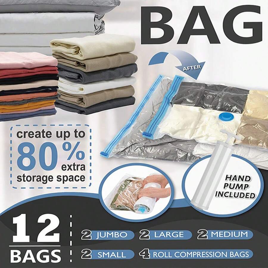 12 paquetes de bolsas ahorradoras de espacio (2 jumbo/2 grandes/2 medianas/2 pequeñas/4 rollos) - Bolsas de compresión para edredones y mantas, bolsas de sellado al vacío para almacenar ropa, con bomba de mano incluida, organizador de viaje - Multicolor - Ver 1