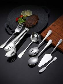 7pcs Stainless Steel Knife Fork Spoon Flatware Set, Catering Service Tableware Including Cake Server Knife And Bread Tongs, Suitable For Wedding, Christmas, Halloween, Ramadan - Silver - View 8