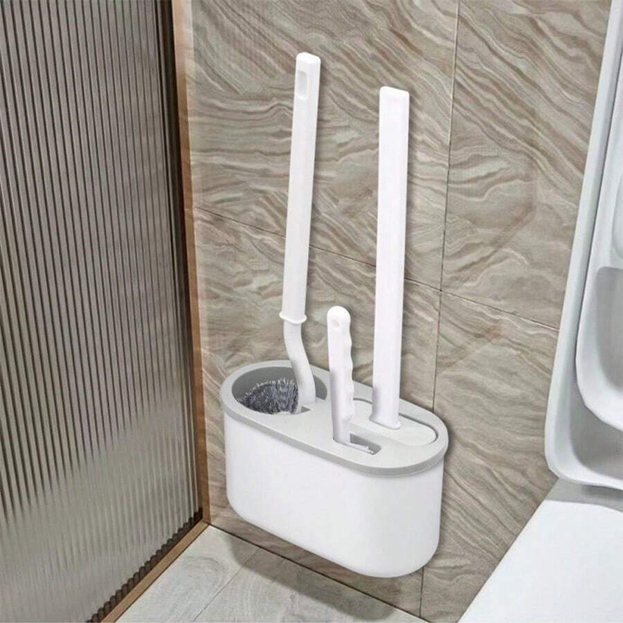 Juego de 3 cepillos de limpieza para inodoro, cepillo de inodoro de mango largo con soporte de pared, cepillo de limpieza de baño para limpiar rincones