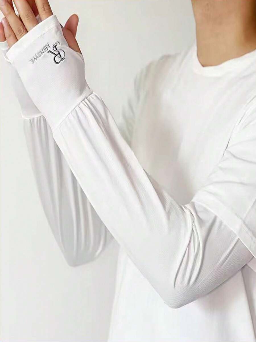 1pair Men's Loose Fit Letter Print UV Protection Arm Sleeve Covers For Cycling/Driving, Breathable Ice Silk Fabric