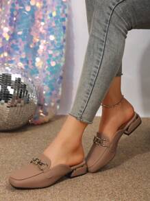 Women Metal Buckle Half Backless Loafers, Square Toe Patent Leather Slip-On Flats, Elegant Mule Shoes For Four Seasons