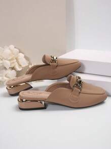 Women Metal Buckle Half Backless Loafers, Square Toe Patent Leather Slip-On Flats, Elegant Mule Shoes For Four Seasons