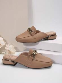 Women Metal Buckle Half Backless Loafers, Square Toe Patent Leather Slip-On Flats, Elegant Mule Shoes For Four Seasons