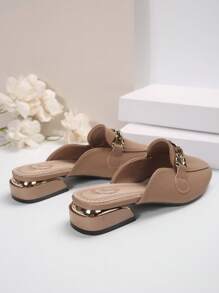 Women Metal Buckle Half Backless Loafers, Square Toe Patent Leather Slip-On Flats, Elegant Mule Shoes For Four Seasons