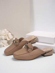 Women Metal Buckle Half Backless Loafers, Square Toe Patent Leather Slip-On Flats, Elegant Mule Shoes For Four Seasons