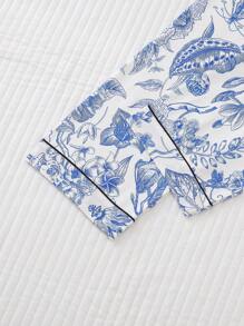 3pcs Floral Printed Women's Pajama Set, Includes A Collared Short Sleeve Top And Loose Elastic Shorts & Pants, Casual Women's Sleepwear And Loungewear - Baby Blue - View 3