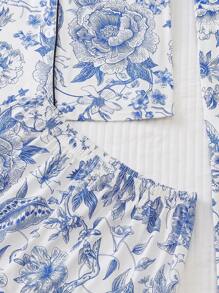 3pcs Floral Printed Women's Pajama Set, Includes A Collared Short Sleeve Top And Loose Elastic Shorts & Pants, Casual Women's Sleepwear And Loungewear - Baby Blue - View 8