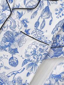 3pcs Floral Printed Women's Pajama Set, Includes A Collared Short Sleeve Top And Loose Elastic Shorts & Pants, Casual Women's Sleepwear And Loungewear - Baby Blue - View 5