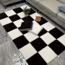 12 piezas Set de alfombras de mosaico negro y blanco súper suaves - Alfombrillas mullidas duraderas para dormitorio, sala de estar, cocina y baño - Lavables, cortables, 12x12 - Estiloso patrón geométrico